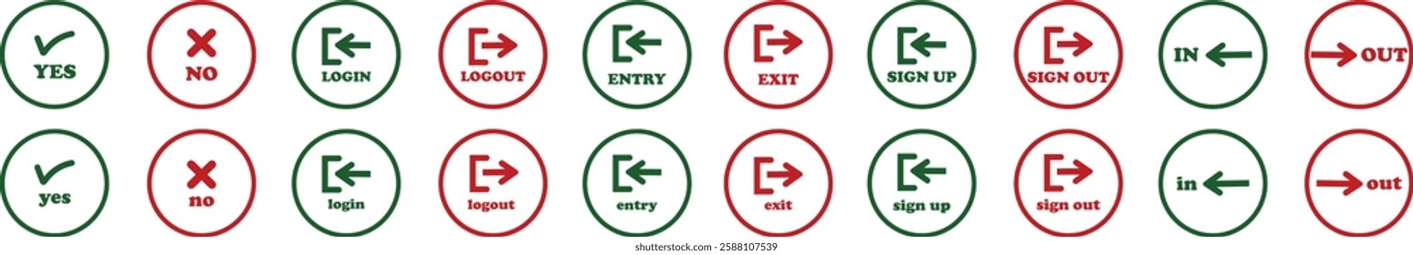 Login and logout icon set Set of sign out, Sign in vector vector collection. Open and close door symbol. Black in, out, yes, no, exit and enter arrow, trendy isolated on transparent background.