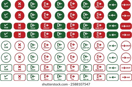 Login and logout icon set Set of sign out, Sign in vector vector collection. Open and close door symbol. Black in, out, yes, no, exit and enter arrow, trendy isolated on transparent background.