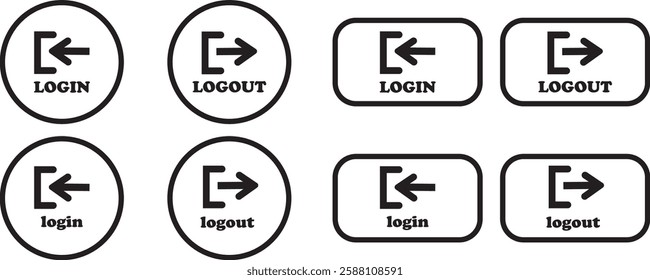 Login and logout icon set Set of sign out, Sign in vector vector collection. Open and close door symbol. Black exit and enter arrow, trendy flat style isolated on transparent background.