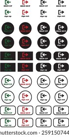 Login and logout icon set Set of sign out, Sign in vector vector collection. Open and close door symbol. Black exit and enter arrow, trendy flat style isolated on transparent background.