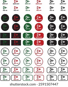 Login and logout icon set Set of sign out, Sign in vector vector collection. Open and close door symbol. Black exit and enter arrow, trendy flat style isolated on transparent background.