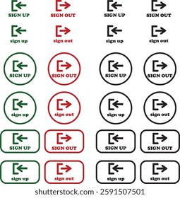 Login and logout icon set Set of sign out, Sign in vector vector collection. Open and close door symbol. Black exit and enter arrow, trendy flat style isolated on transparent background.