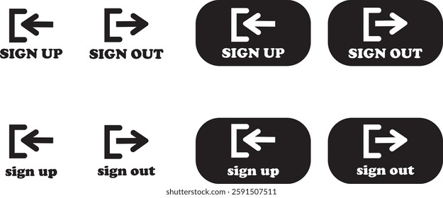 Login and logout icon set Set of sign out, Sign in vector vector collection. Open and close door symbol. Black exit and enter arrow, trendy flat style isolated on transparent background.