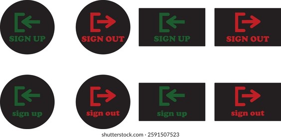 Login and logout icon set Set of sign out, Sign in vector vector collection. Open and close door symbol. Black exit and enter arrow, trendy flat style isolated on transparent background.