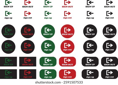 Login and logout icon set Set of sign out, Sign in vector vector collection. Open and close door symbol. Black exit and enter arrow, trendy flat style isolated on transparent background.