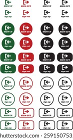 Login and logout icon set Set of sign out, Sign in vector vector collection. Open and close door symbol. Black exit and enter arrow, trendy flat style isolated on transparent background.