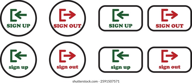 Login and logout icon set Set of sign out, Sign in vector vector collection. Open and close door symbol. Black exit and enter arrow, trendy flat style isolated on transparent background.