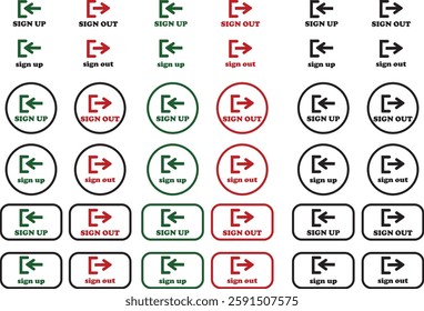 Login and logout icon set Set of sign out, Sign in vector vector collection. Open and close door symbol. Black exit and enter arrow, trendy flat style isolated on transparent background.