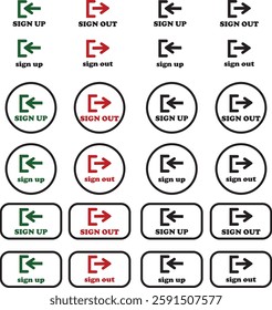 Login and logout icon set Set of sign out, Sign in vector vector collection. Open and close door symbol. Black exit and enter arrow, trendy flat style isolated on transparent background.