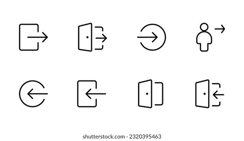 Login and logout icons. Set of sign out, Sign in vector icon. Open and close door symbol. Black exit and enter arrow, vector icon in trendy flat style	