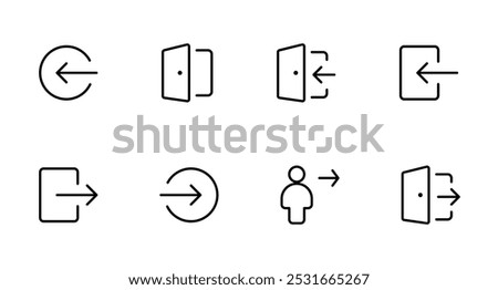 Login and logout icons. Set of sign out, Sign in vector icon. Open and close door symbol. Black exit and enter arrow, vector icon in trendy flat style