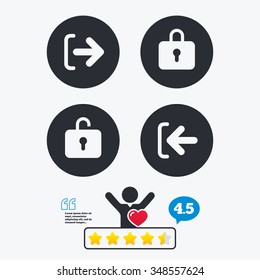 Login and Logout icons. Sign in or Sign out symbols. Lock icon. Star vote ranking. Client like and think bubble. Quotes with message.