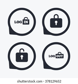 Login and Logout icons. Sign in or Sign out symbols. Lock icon. Flat icon pointers.