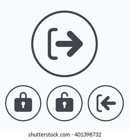Login and Logout icons. Sign in or Sign out symbols. Lock icon. Icons in circles.