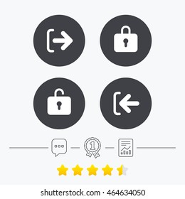 Login and Logout icons. Sign in or Sign out symbols. Lock icon. Chat, award medal and report linear icons. Star vote ranking. Vector