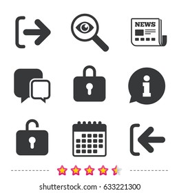 Login and Logout icons. Sign in or Sign out symbols. Lock icon. Newspaper, information and calendar icons. Investigate magnifier, chat symbol. Vector