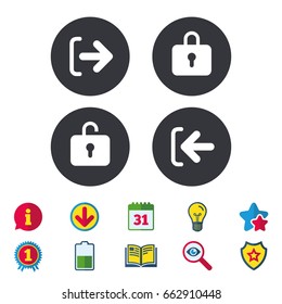 Login and Logout icons. Sign in or Sign out symbols. Lock icon. Calendar, Information and Download signs. Stars, Award and Book icons. Light bulb, Shield and Search. Vector