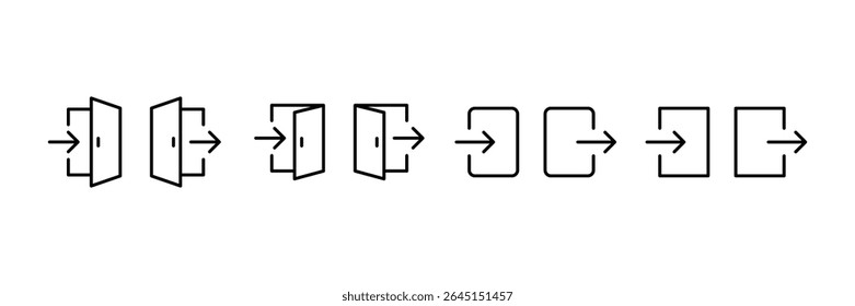 Conjunto de ícones da estrutura de tópicos Login e Logout. Ícones de entrada e saída. Ícone de entrada e saída da porta. Ilustração de vetor.