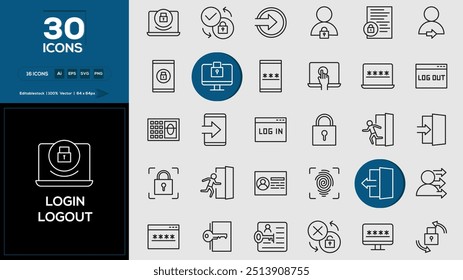 Login Logout set of outline icons related to analysis, infographic, analytics. Editable stroke. Vector illustration.