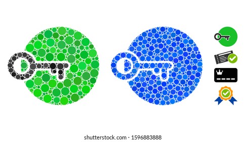 Login mosaic of round dots in different sizes and shades, based on login icon. Vector round dots are composed into blue illustration. Dotted login icon in usual and blue versions.