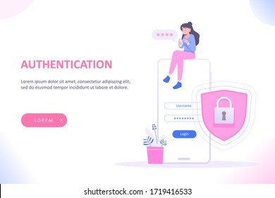 Login page or authentication concept. Young woman sitting on huge smartphone and writing password to log in, security shield and lock near him, vector illustration