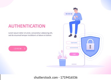 Login page or authentication concept. Young man sitting on huge smartphone and writing password to log in, security shield and lock near him, vector illustration