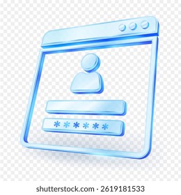 Login page design with user icon and password field displayed in a sleek, blue glass 3D style. Ideal for web and app interface design concepts. isolated on transparent background. Vector illustration.