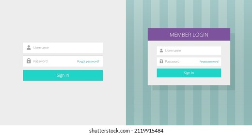 Formulario de página de inicio de sesión ui cuadro web con campos de nombre de usuario y contraseña para diseño de interfaz ilustración plana, inicio de sesión o inicio de sesión en la ventana del panel de pantalla de miembro de la cuenta para la plantilla de aplicación 
