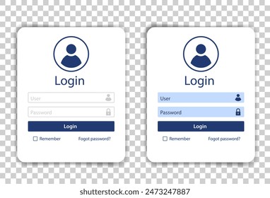 Login page form. Vector business template for web interface. Fields for name and password. Mobile user-friendly design elements. Mobile app login window with shadow on transparent background.