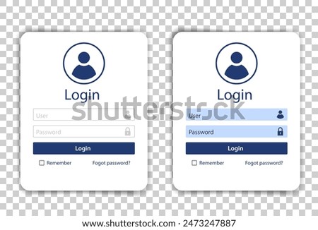 Login page form. Vector business template for web interface. Fields for name and password. Mobile user-friendly design elements. Mobile app login window with shadow on transparent background.