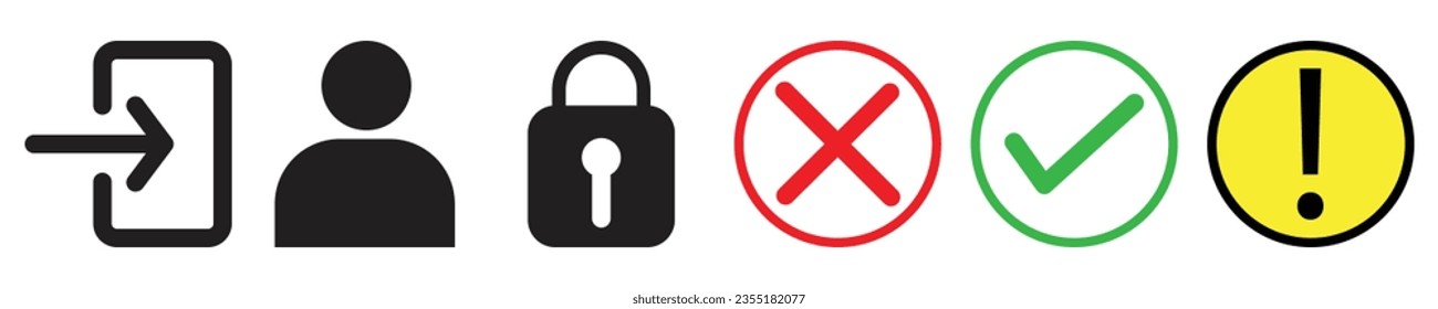 login page icon set. user, password, wrong right, info icons