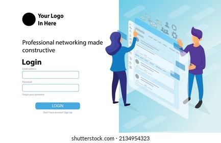 Login page with isometric style illustrations