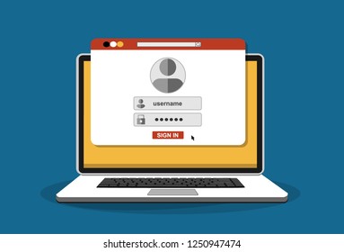 Page de connexion sur l'écran de l'ordinateur portable. Bloc-notes et formulaire de connexion en ligne, connectez-vous à la page. Profil d'utilisateur, accès aux concepts de compte. Illustration vectorielle de stock.
