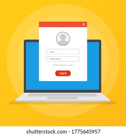 Login-Seite auf Laptop-Bildschirm. Zugang zu Account-Konzepten. Vektorgrafik.