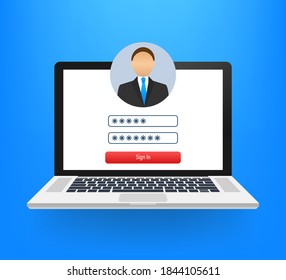  Login page on laptop screen. Notebook and online login form, sign in page. User profile, access to account concepts. Vector illustration.	
