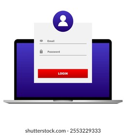 Página de inicio de sesión en la pantalla del ordenador portátil. autorización en la página del navegador con el Inicio de sesión y la Contraseña del usuario. Ilustración vectorial