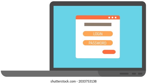 Página de inicio de sesión en pantalla. Formulario de inicio de sesión en línea y portátil, iniciar sesión en la página. Perfil de usuario, acceso a conceptos de cuenta. Campos de inicio de sesión y contraseña en la pantalla o cuenta de desbloqueo del portátil. Sistema de protección de datos