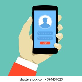 Login page on smartphone screen. Hand hold smartphone. Mobile account.  Creative flat design vector illustration
