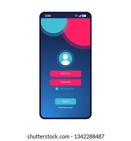 Login page smartphone interface vector template. Mobile app page blue design layout. Username, password fields. Authorization screen. Flat UI for application. Sign in, forgot password. Phone display