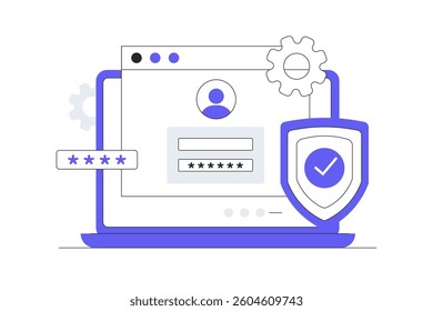 Login page window on laptop screen, Password secure access, Data protection, Cyber security, Internet security, information privacy, Account protection. Flat Cartoon Vector Illustration, icon. Stylish
