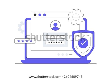 Login page window on laptop screen, Password secure access, Data protection, Cyber security, Internet security, information privacy, Account protection. Flat Cartoon Vector Illustration, icon. Stylish