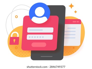 Login password authentication security technology on mobile smartphone icon modern graphic drawn, flat cartoon account profile signin phone lock for web site digital form, authorization concept