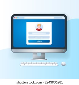 Banner de acceso y contraseña. Ordenador con la ventana de la sombrilla de usuario en la pantalla. Concepto de seguridad. Ilustración de vector web en estilo 3D