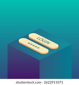 Login and password buttons, symbolizing secure access and authentication. Ideal for tech-related themes, cybersecurity concepts, or innovative digital solutions. Vector isometric illustration.