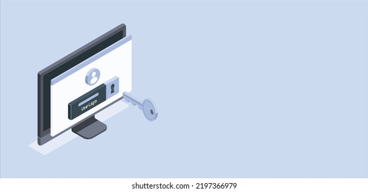 Ilustración 3D del concepto de inicio de sesión y contraseña. Composición de iconos con interfaz de sitio con formulario de inicio de sesión seguro para cuenta personal en línea o perfil de medios sociales. Ilustración vectorial para diseño web moderno
