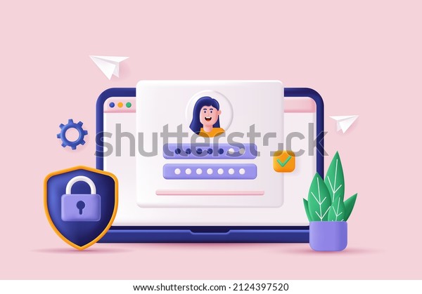 Login and password concept 3D illustration. Icon\
composition with site interface with secure login form for personal\
online account or social media profile. Vector illustration for\
modern web design