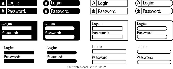 Inicio de sesión y Contraseña Plano, iconos de línea Set. Contraseña privada secreta de acceso al Inicio de sesión. Diseño de página moderno de Iniciar sesión y registro. Escribir e ingresar la Contraseña de las redes sociales aisladas sobre fondo transparente.