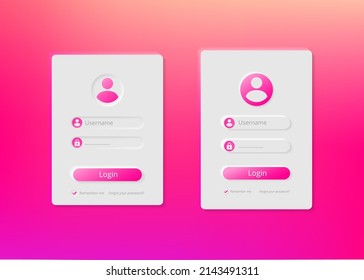 Login and password form. Neumorphism sign up and log in user page. Colorful background. Registration interface of modern web or mobile app. Neumorphic UI UX design. Create account form.