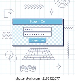 Login and password input dialog box. Retro vintage style. Aesthetics of an old computer of the 90s. Retro user interface. Brutalism, waporwave, y2k elements. Vector illustration on a notebook sheet