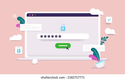 Login with password - Laptop computer screen with password security. Semi flat vector illustration